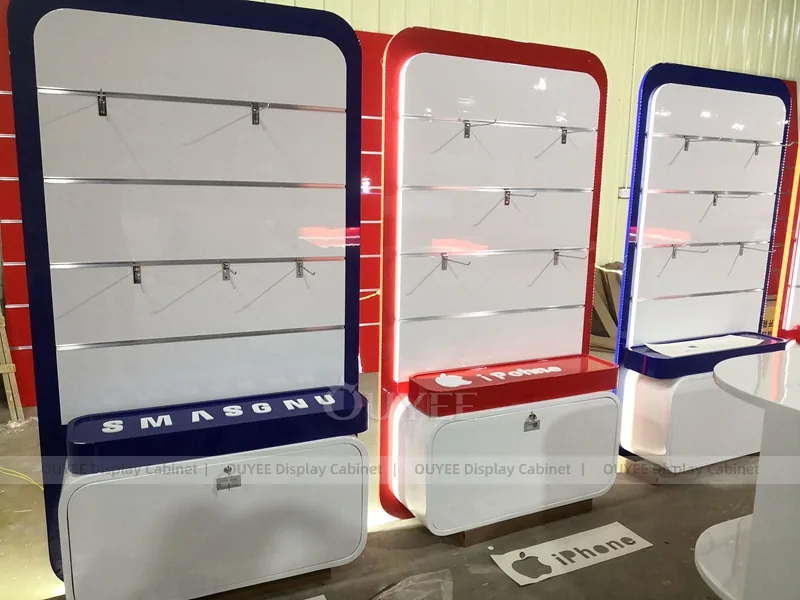 Wood Tone And Red Phone Store Display Fixture - Image 4