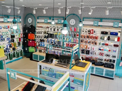 Wood Tone And Teal Glass Phone Display Fixture