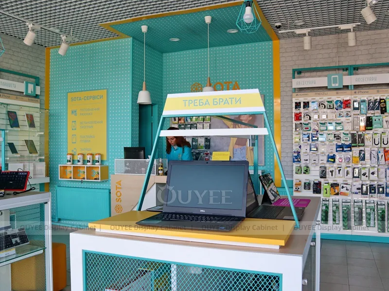 Wood Tone And Teal Glass Phone Display Fixture - الصورة 4