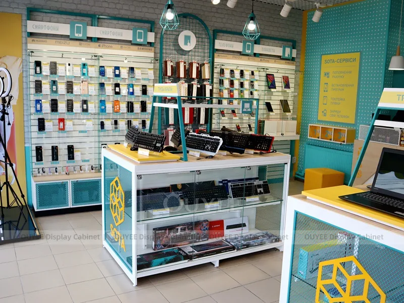 Wood Tone And Teal Glass Phone Display Fixture - الصورة 8