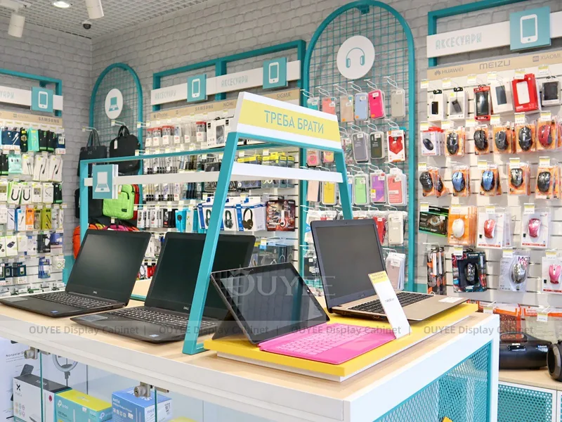 Wood Tone And Teal Glass Phone Display Fixture - الصورة 9