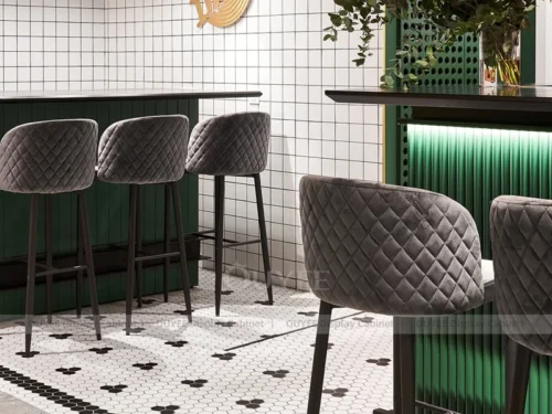 Black White Cozy Cafe Counter Fixture with Layered Wall Shelving 01