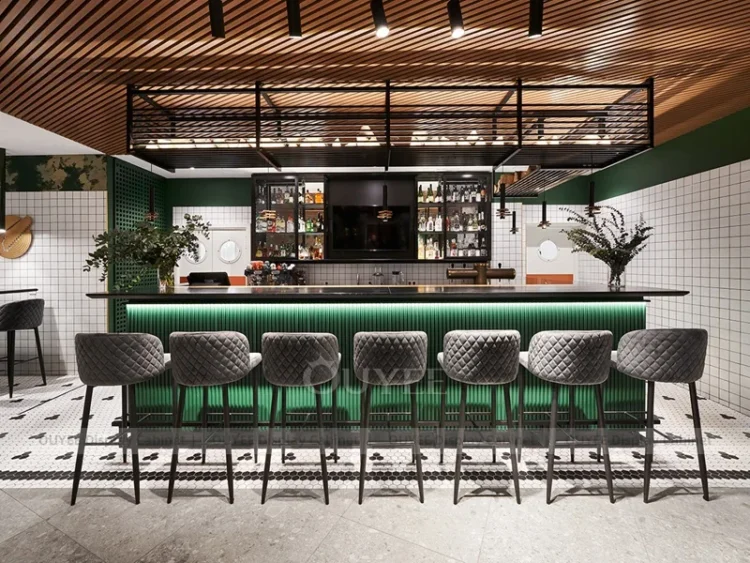 Black White Cozy Cafe Counter Fixture with Layered Wall Shelving ...