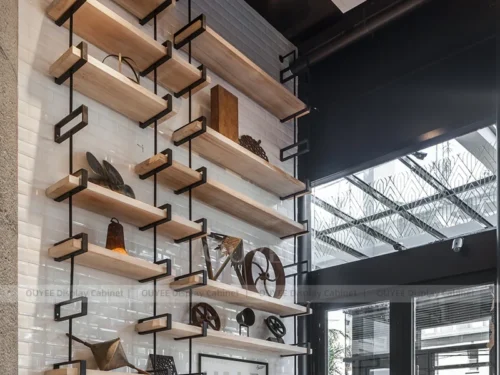 Black Wood Modern Cafe Counter Fixture with Menu Wall And Display Shelves 01