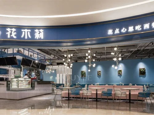 Blue Accent Wood Brand Ready Cafe Counter Fixture with Storage Counter And Brand Wall 01