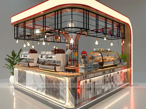 Gold Wood Brand Ready Coffee Kiosk with Menu Board Back Wall for Fresh Bakery Store 01