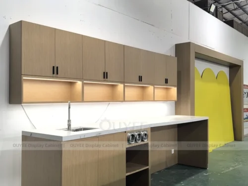 Gold Wood Clean Line Coffee Kiosk with Wraparound Counter for Small Cafe Interior 01