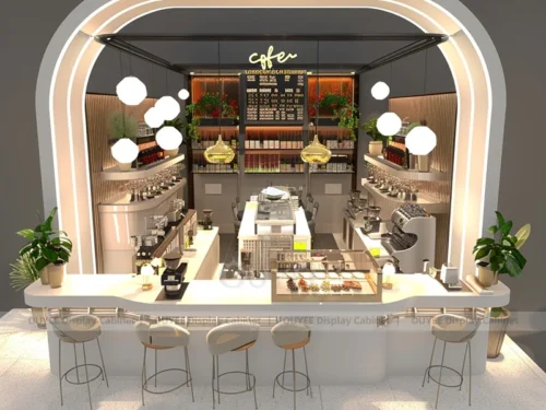 Gold Wood Compact Coffee Kiosk with Open Customer Queue 01