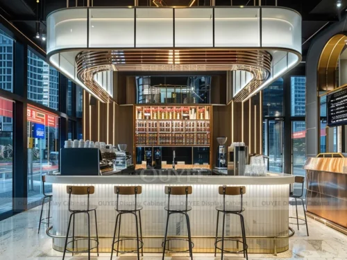 Gold Wood Contemporary Coffee Kiosk with Mall Beverage Stand for Takeaway Drink Store 01