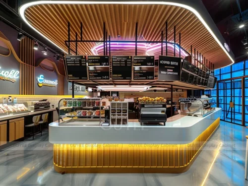 Gold Wood Contemporary Coffee Kiosk with Wraparound Counter for Small Cafe Interior 01