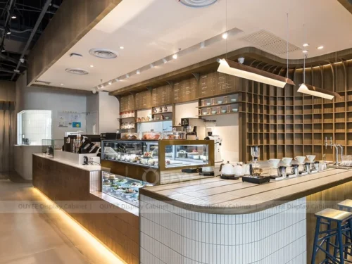 Gold Wood Modern Bakery Cafe Counter with Bread And Coffee Service 01