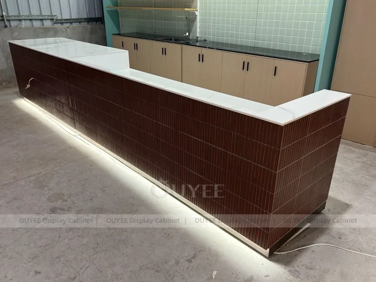 Natural Wood Compact Cafe Counter Fixture with Display Cabinet Backdrop ...