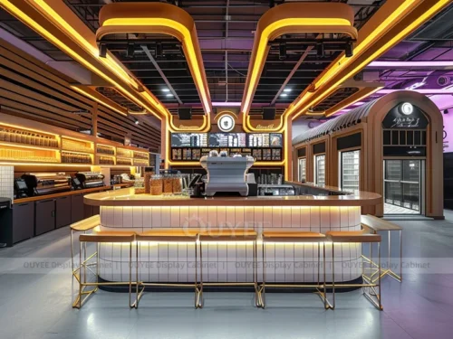 Orange Wood Boutique Coffee Kiosk with Corner Drink Station for Small Cafe Interior 01