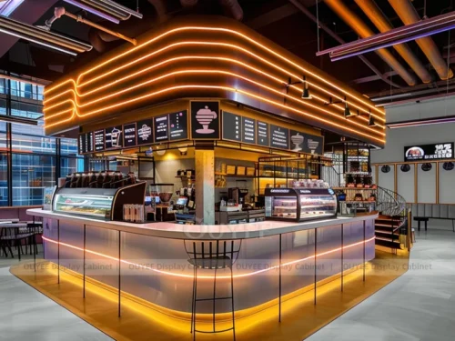 Orange Wood Clean Line Coffee Kiosk with Open Customer Queue for Fresh Bakery Store 01