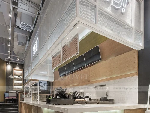 Orange Wood Cozy Cafe Counter Fixture with Storage Counter And Brand Wall 01