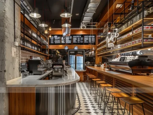 Orange Wood Minimal Coffee Kiosk with Storage Back Bar for Mall Coffee Bar 01
