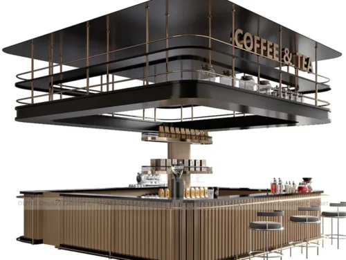 White Wood Clean Line Coffee Kiosk with Mall Beverage Stand for Small Cafe Interior 01
