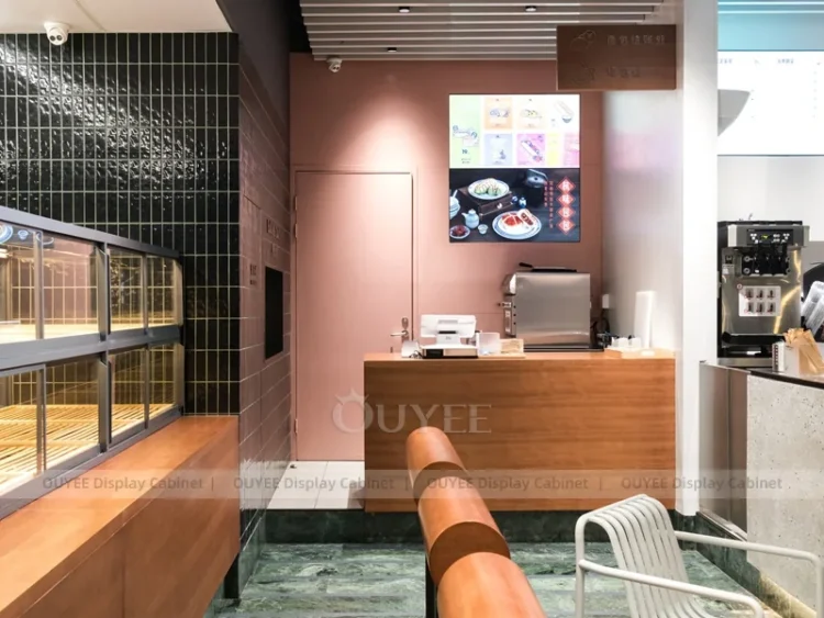 White Wood Premium Cafe Counter Fixture with Window Side Seating Wall ...